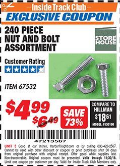 Harbor Freight ITC Coupon 240PIECE NUT AND BOLT ASSORTMENT Lot No. 67532 Expired: 11/30/18 - $4.99