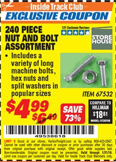 Harbor Freight ITC Coupon 240PIECE NUT AND BOLT ASSORTMENT Lot No. 67532 Expired: 1/31/19 - $4.99