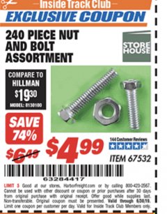 Harbor Freight ITC Coupon 240PIECE NUT AND BOLT ASSORTMENT Lot No. 67532 Expired: 6/30/19 - $4.99