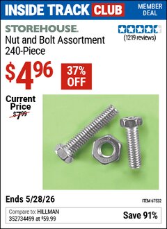 Harbor Freight Coupon STOREHOUSE NUT AND BOLT ASSORTMENT, 240-PIECE Lot No. 67532 Valid: 12/31/69 - 5/28/26 - $4.96