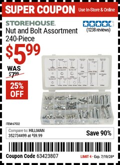 Harbor Freight Coupon STOREHOUSE NUT AND BOLT ASSORTMENT, 240-PIECE Lot No. 67532 Expired: 7/19/26 - $5.99