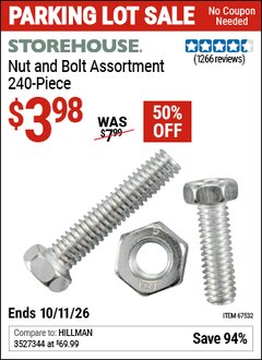 Harbor Freight Coupon STOREHOUSE NUT AND BOLT ASSORTMENT, 240-PIECE Lot No. 67532 Valid Thru: 10/11/26 - $3.98