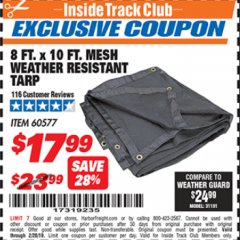Harbor Freight ITC Coupon HFT 8 FT. X 10 FT. MESH ALL-PURPOSE/WEATHER-RESISTANT TARP Lot No. 60577 Expired: 2/28/19 - $17.99