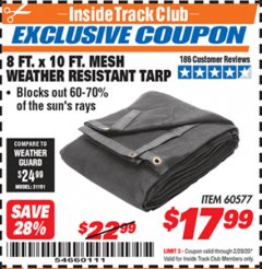 Harbor Freight ITC Coupon HFT 8 FT. X 10 FT. MESH ALL-PURPOSE/WEATHER-RESISTANT TARP Lot No. 60577 Expired: 2/29/20 - $17.99