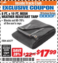 Harbor Freight ITC Coupon 8 FT. X 10 FT. MESH WEATHER RESISTANT TARP Lot No. 96943/60577 Expired: 4/30/20 - $17.99