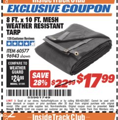 Harbor Freight ITC Coupon 8 FT. X 10 FT. MESH WEATHER RESISTANT TARP Lot No. 96943/60577 Expired: 6/17/19 - $17.99