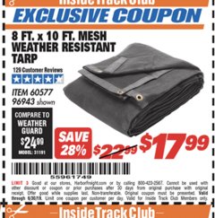 Harbor Freight ITC Coupon HFT 8 FT. X 10 FT. MESH ALL-PURPOSE/WEATHER-RESISTANT TARP Lot No. 60577 Expired: 6/17/19 - $17.99