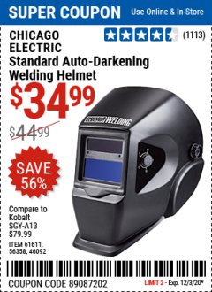 Harbor Freight Coupon WELDING HELMET Lot No. 61611 Expired: 12/3/20 - $34.99