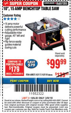 Harbor Freight ITC Coupon 10", 15 AMP BENCHTOP TABLE SAW Lot No. 45804/63117/64459/63118 Expired: 3/8/18 - $99.99