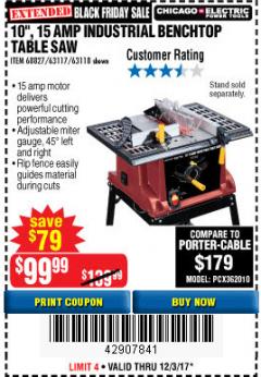 Harbor Freight Coupon 10", 15 AMP BENCHTOP TABLE SAW Lot No. 45804/63117/64459/63118 Expired: 12/3/17 - $99.99