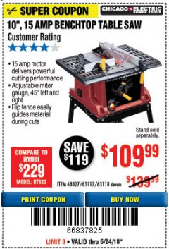 Harbor Freight Coupon 10", 15 AMP BENCHTOP TABLE SAW Lot No. 45804/63117/64459/63118 Expired: 6/24/18 - $109.99
