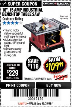 Harbor Freight Coupon 10", 15 AMP BENCHTOP TABLE SAW Lot No. 45804/63117/64459/63118 Expired: 10/31/18 - $109.99