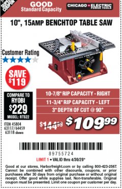 Harbor Freight Coupon 10", 15 AMP BENCHTOP TABLE SAW Lot No. 45804/63117/64459/63118 Expired: 6/30/20 - $109.99