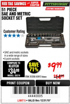 Harbor Freight Coupon 51 PIECE SAE AND METRIC SOCKET SET Lot No. 35338/63013 Expired: 12/2/18 - $9.99