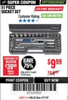 Harbor Freight Coupon 51 PIECE SAE AND METRIC SOCKET SET Lot No. 35338/63013 Expired: 4/7/19 - $9.99