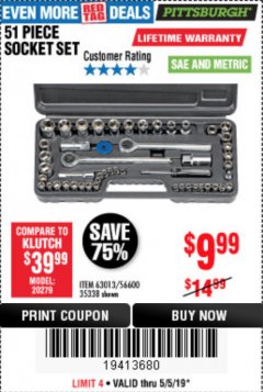 Harbor Freight Coupon 51 PIECE SAE AND METRIC SOCKET SET Lot No. 35338/63013 Expired: 5/5/19 - $9.99