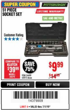 Harbor Freight Coupon 51 PIECE SAE AND METRIC SOCKET SET Lot No. 35338/63013 Expired: 6/30/19 - $9.99