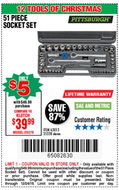 Harbor Freight Coupon 51 PIECE SAE AND METRIC SOCKET SET Lot No. 35338/63013 Expired: 12/24/19 - $5