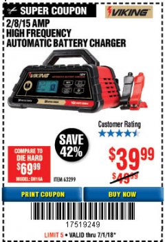 Harbor Freight Coupon 2/8/15 AMP FULLY AUTOMATIC BATTERY CHARGER Lot No. 63299 Expired: 7/2/18 - $39.99