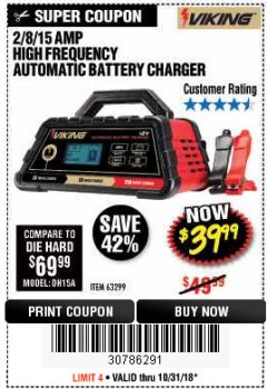 Harbor Freight Coupon 2/8/15 AMP FULLY AUTOMATIC BATTERY CHARGER Lot No. 63299 Expired: 10/31/18 - $39.99