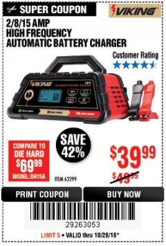 Harbor Freight Coupon 2/8/15 AMP FULLY AUTOMATIC BATTERY CHARGER Lot No. 63299 Expired: 10/28/18 - $39.99
