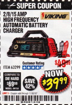Harbor Freight Coupon 2/8/15 AMP FULLY AUTOMATIC BATTERY CHARGER Lot No. 63299 Expired: 11/30/18 - $39.99