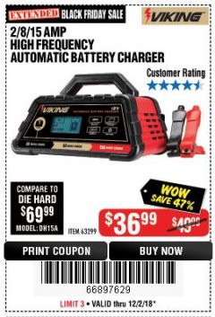 Harbor Freight Coupon 2/8/15 AMP FULLY AUTOMATIC BATTERY CHARGER Lot No. 63299 Expired: 12/2/18 - $36.99