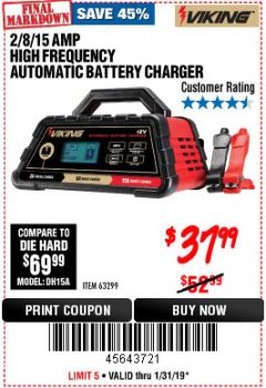 Harbor Freight Coupon 2/8/15 AMP FULLY AUTOMATIC BATTERY CHARGER Lot No. 63299 Expired: 1/31/19 - $37.99