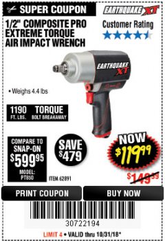 Harbor Freight Coupon 1/2" COMPOSITE PRO EXTREME TORQUE AIR IMPACT WRENCH Lot No. 62891 Expired: 10/31/18 - $119.99