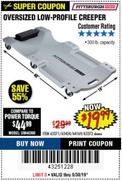 Harbor Freight Coupon OVERSIZED LOW-PROFILE CREEPER Lot No. 63371/63424/64169/63372 Expired: 9/30/19 - $19.99
