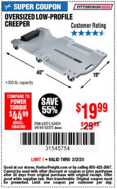 Harbor Freight Coupon OVERSIZED LOW-PROFILE CREEPER Lot No. 63371/63424/64169/63372 Expired: 2/2/20 - $19.99