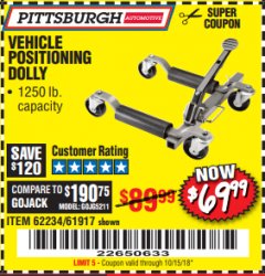 Harbor Freight Coupon 1250 LB. VEHICLE POSITIONING DOLLY Lot No. 62234/61917 Expired: 10/15/18 - $69.99