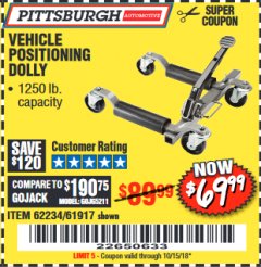 Harbor Freight Coupon 1250 LB. VEHICLE POSITIONING DOLLY Lot No. 62234/61917 Expired: 10/15/18 - $69.99