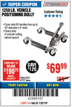 Harbor Freight Coupon 1250 LB. VEHICLE POSITIONING DOLLY Lot No. 62234/61917 Expired: 7/22/18 - $69.99