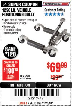 Harbor Freight Coupon 1250 LB. VEHICLE POSITIONING DOLLY Lot No. 62234/61917 Expired: 11/25/18 - $69.99