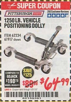 Harbor Freight Coupon 1250 LB. VEHICLE POSITIONING DOLLY Lot No. 62234/61917 Expired: 1/31/19 - $64.99