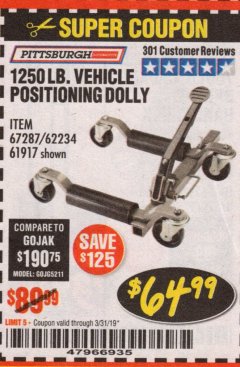 Harbor Freight Coupon 1250 LB. VEHICLE POSITIONING DOLLY Lot No. 62234/61917 Expired: 3/31/19 - $64.99