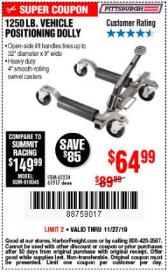 Harbor Freight Coupon 1250 LB. VEHICLE POSITIONING DOLLY Lot No. 62234/61917 Expired: 11/27/19 - $64.99
