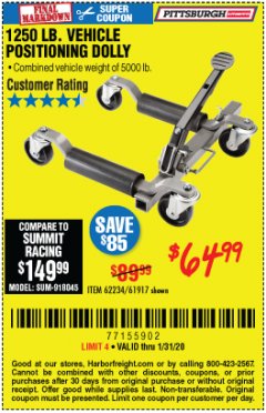 Harbor Freight Coupon 1250 LB. VEHICLE POSITIONING DOLLY Lot No. 62234/61917 Expired: 1/31/20 - $64.99