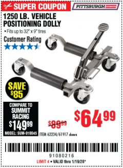 Harbor Freight Coupon 1250 LB. VEHICLE POSITIONING DOLLY Lot No. 62234/61917 Expired: 1/19/20 - $64.99
