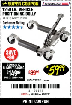 Harbor Freight Coupon 1250 LB. VEHICLE POSITIONING DOLLY Lot No. 62234/61917 Expired: 6/30/20 - $59.99