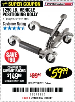 Harbor Freight Coupon 1250 LB. VEHICLE POSITIONING DOLLY Lot No. 62234/61917 Expired: 6/30/20 - $59.99