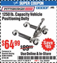 Harbor Freight Coupon 1250 LB. VEHICLE POSITIONING DOLLY Lot No. 62234/61917 Expired: 9/24/20 - $64.99