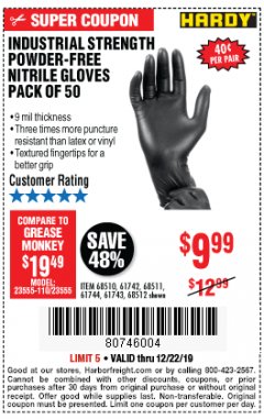 Harbor Freight Coupon INDUSTRIAL STRENGTH POWDER-FREE NITRILE GLOVES PACK OF 50 Lot No. 68510 Expired: 12/22/19 - $9.99