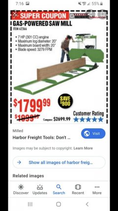 Harbor Freight Coupon GAS-POWERED SAW MILL Lot No. 62366/61712 Expired: 2/23/18 - $1799.99