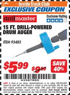 Harbor Freight ITC Coupon 15 FT. DRILL-POWERED DRUM AUGER Lot No. 57201 Expired: 6/30/18 - $5.99