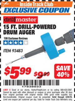 Harbor Freight ITC Coupon 15 FT. DRILL-POWERED DRUM AUGER Lot No. 57201 Expired: 2/28/19 - $5.99