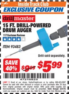 Harbor Freight ITC Coupon DRILL MASTER 15 FT. DRILL POWERED DRAIN AUGER Lot No. 57201 Expired: 5/31/19 - $5.99