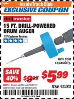 Harbor Freight ITC Coupon 15 FT. DRILL-POWERED DRUM AUGER Lot No. 57201 Expired: 10/31/19 - $5.99