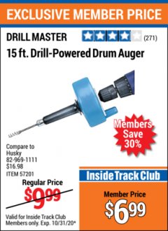 Harbor Freight ITC Coupon DRILL MASTER 15 FT. DRILL POWERED DRAIN AUGER Lot No. 57201 Expired: 10/31/20 - $6.99